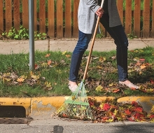 person raking leaves in street in front of stormwater inlet