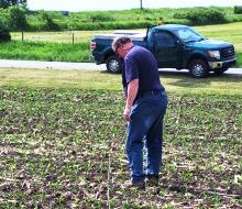 man in a field measuring the amount of tillage