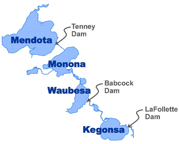 Map of Lake Mendota, Lake Monona, Lake Waubesa, Lake Kegonsa